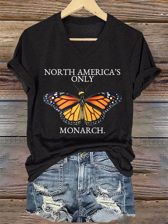 🔥Buy 3 Get 15% Off🔥V-Neck Retro North America’s Only Orange Monarch Print T-Shirt