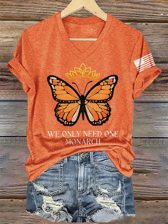 🔥Buy 3 Get 15% Off🔥V-Neck Retro No Kings We Only Need One Monarch Butterfly Print T-Shirt