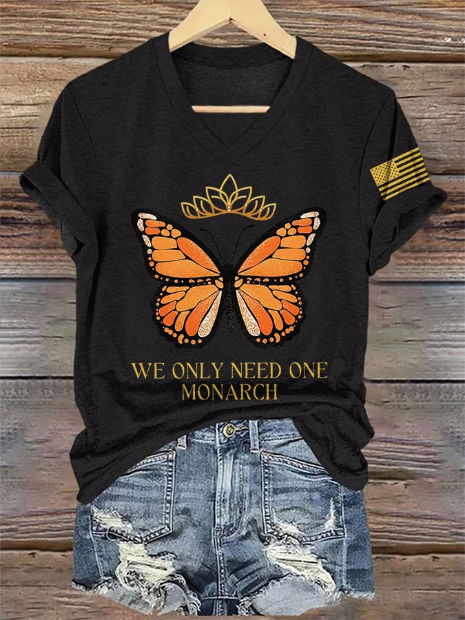 🔥Buy 3 Get 15% Off🔥V-Neck Retro No Kings We Only Need One Monarch Butterfly Print T-Shirt