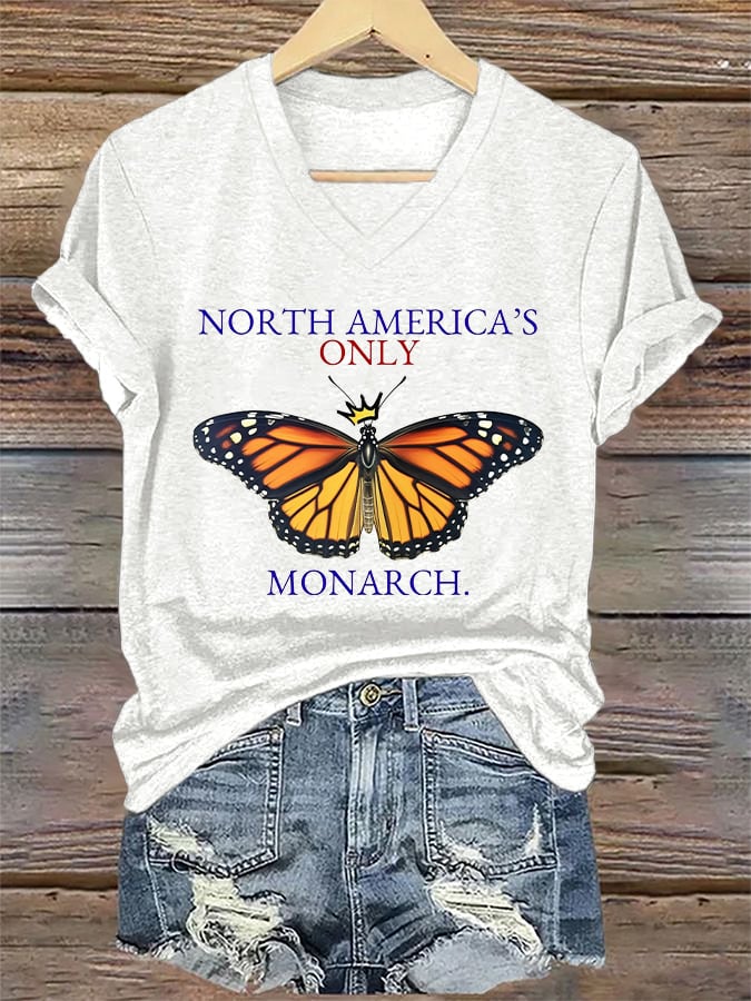 🔥Buy 3 Get 15% Off🔥V-Neck Retro North America’s Only Orange Monarch Print T-Shirt