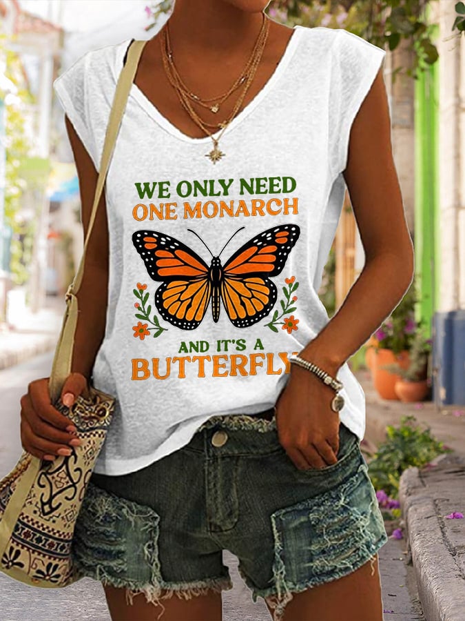 🔥Buy 3 Get 15% Off🔥V Neck Retro We Only Need One Monarch And It's A Butterfly Print Tank Tops