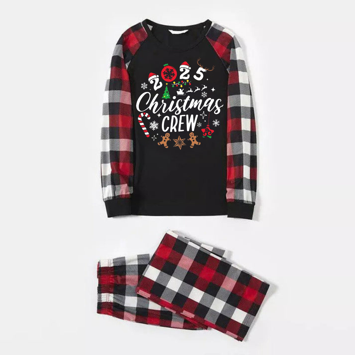 "2025 Christmas CREW " Text Printed Pattern - Black Top with Red&Black&White Plaid Sleeves - Family Matching Pajamas