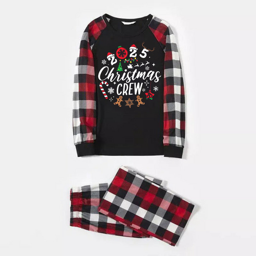 "2025 Christmas CREW " Text Printed Pattern - Black Top with Red&Black&White Plaid Sleeves - Family Matching Pajamas