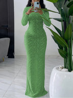Women's Plain Solid Long Sleeve Bodycon Dress, Casual Fashion Mock Neck Maxi Dress for Daily Wear, Ladies Clothes for Spring