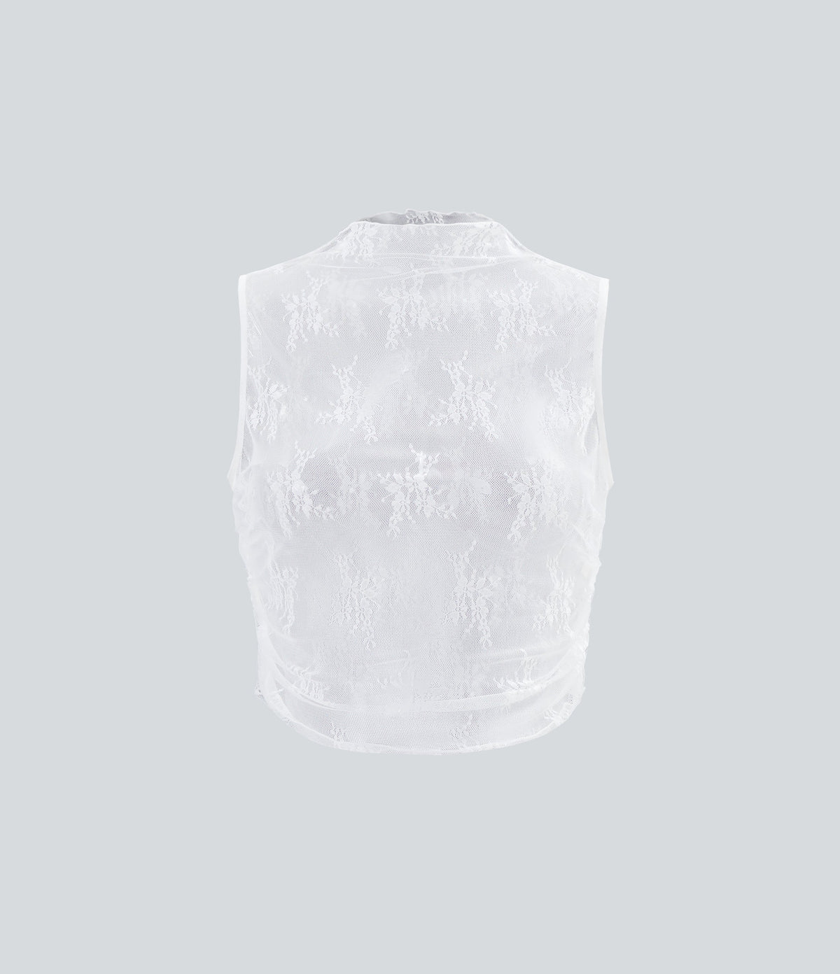 Mock Neck Sleeveless Ruched Cropped Sheer Lace Casual Top