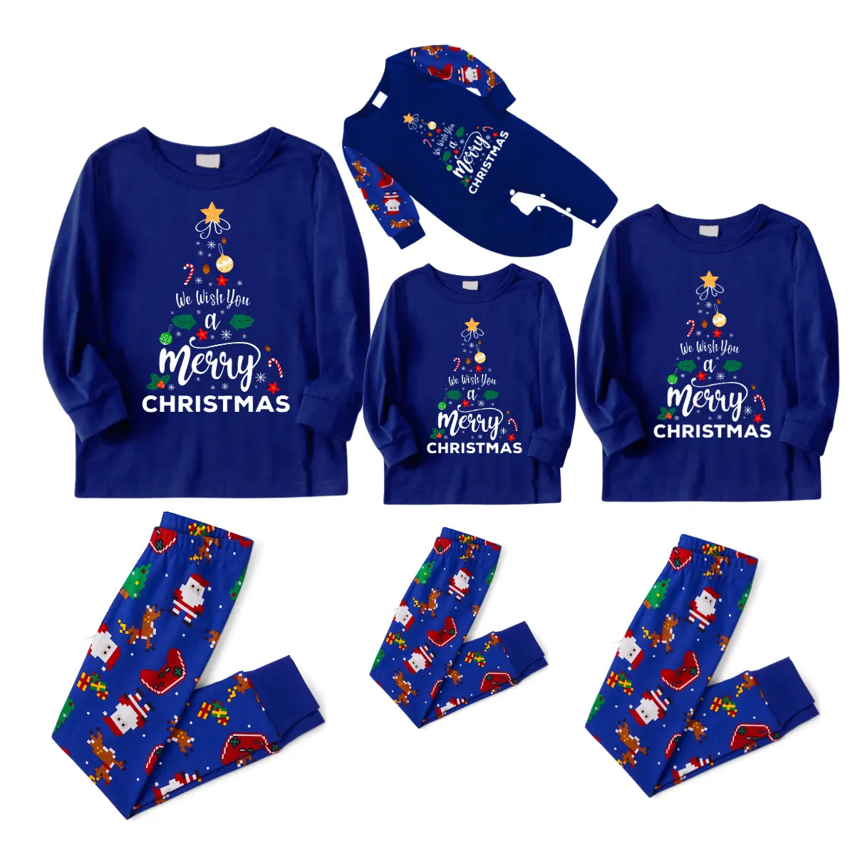 We Wish You a Merry Christmas Family Pajamas Set - Blue Top / Santa and Reindeer Print Blue Pants / Matching Blue Sleeves