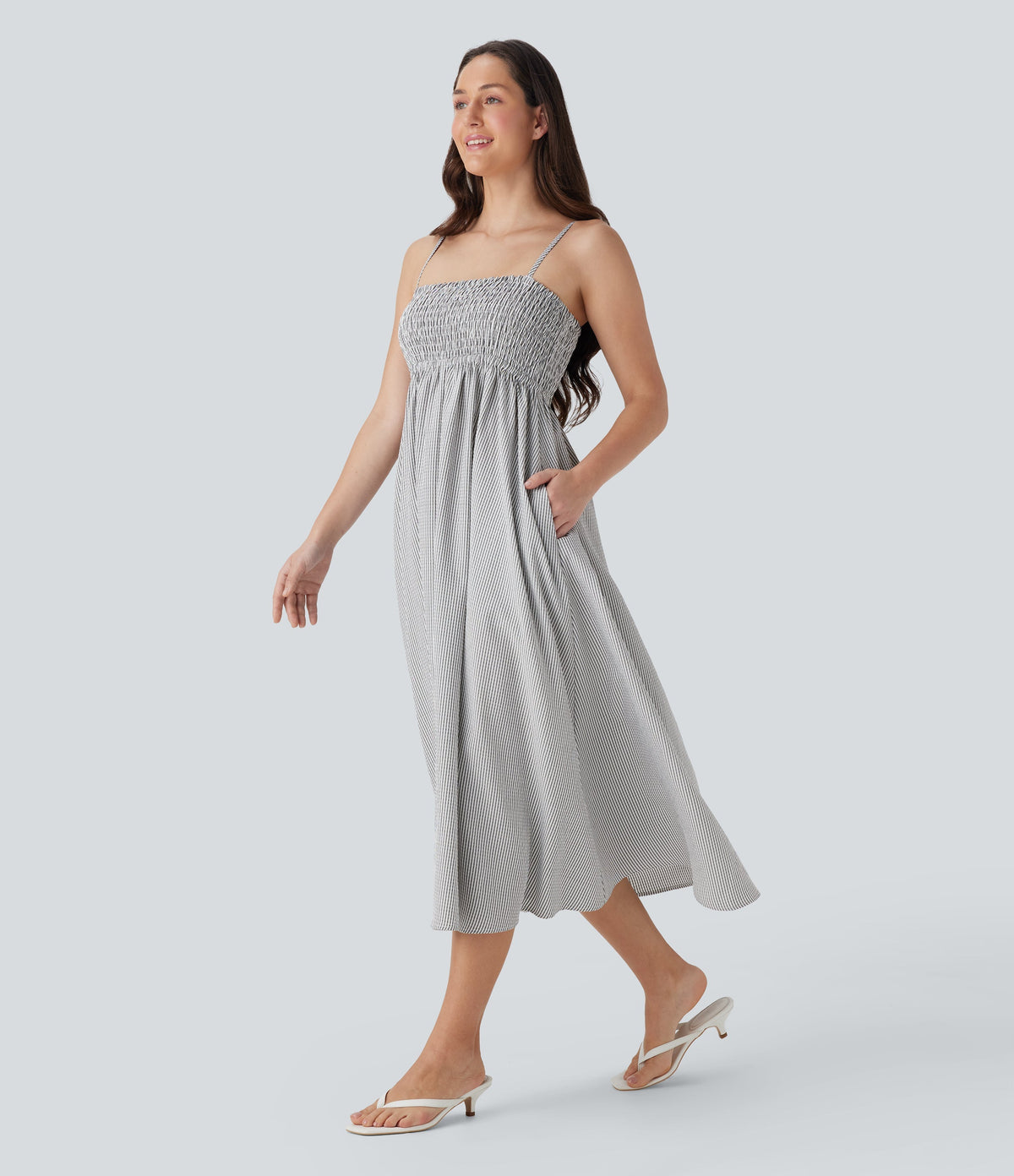 Shirred Stripe Midi Slip Dress with Pockets