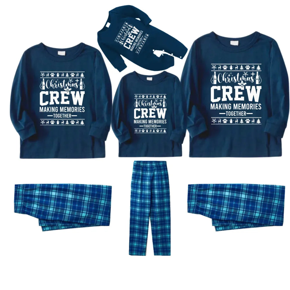 Christmas Family Matching Pajamas-Navy & Sky Blue Plaid Pjs Set with "Christmas Crew Making Memories Together" and Christmas Pattern Print
