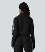Ribbed Stand Collar Long Sleeve Zipper Color Block Casual Jacket with Pockets