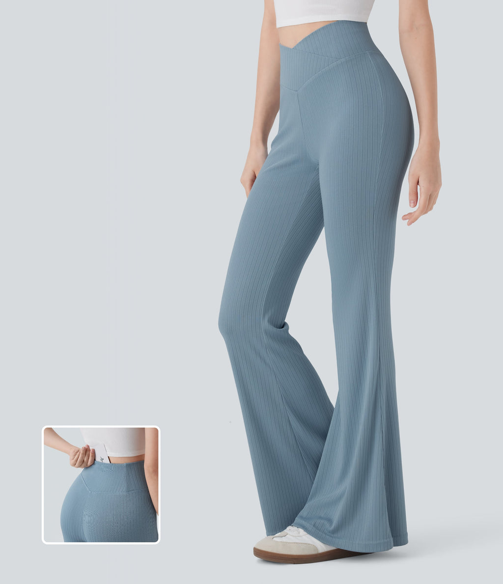 Ribbed Knit Crossover High Waisted Casual Flare Pants with Pocket