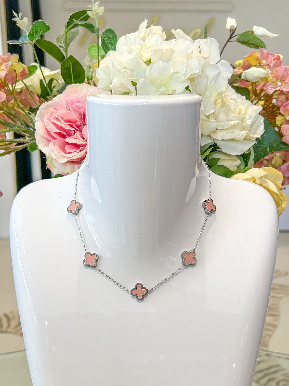 5 Pink Clover Flower Necklace