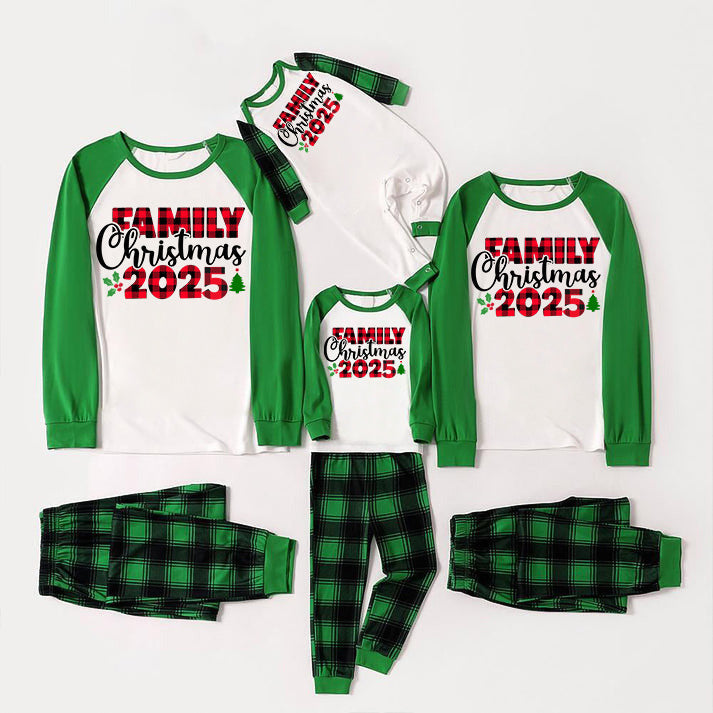 Family Christmas 2025 Text Print Long Sleeve Top With Green & Black Plaid Christmas Matching Pajamas