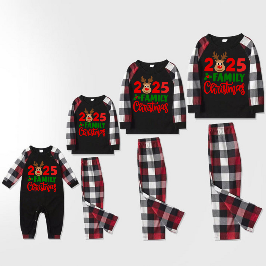 "2025 Family Christmas" Moose Letter Prints Red & Black & Grey & White Plaid Family Matching Pajamas