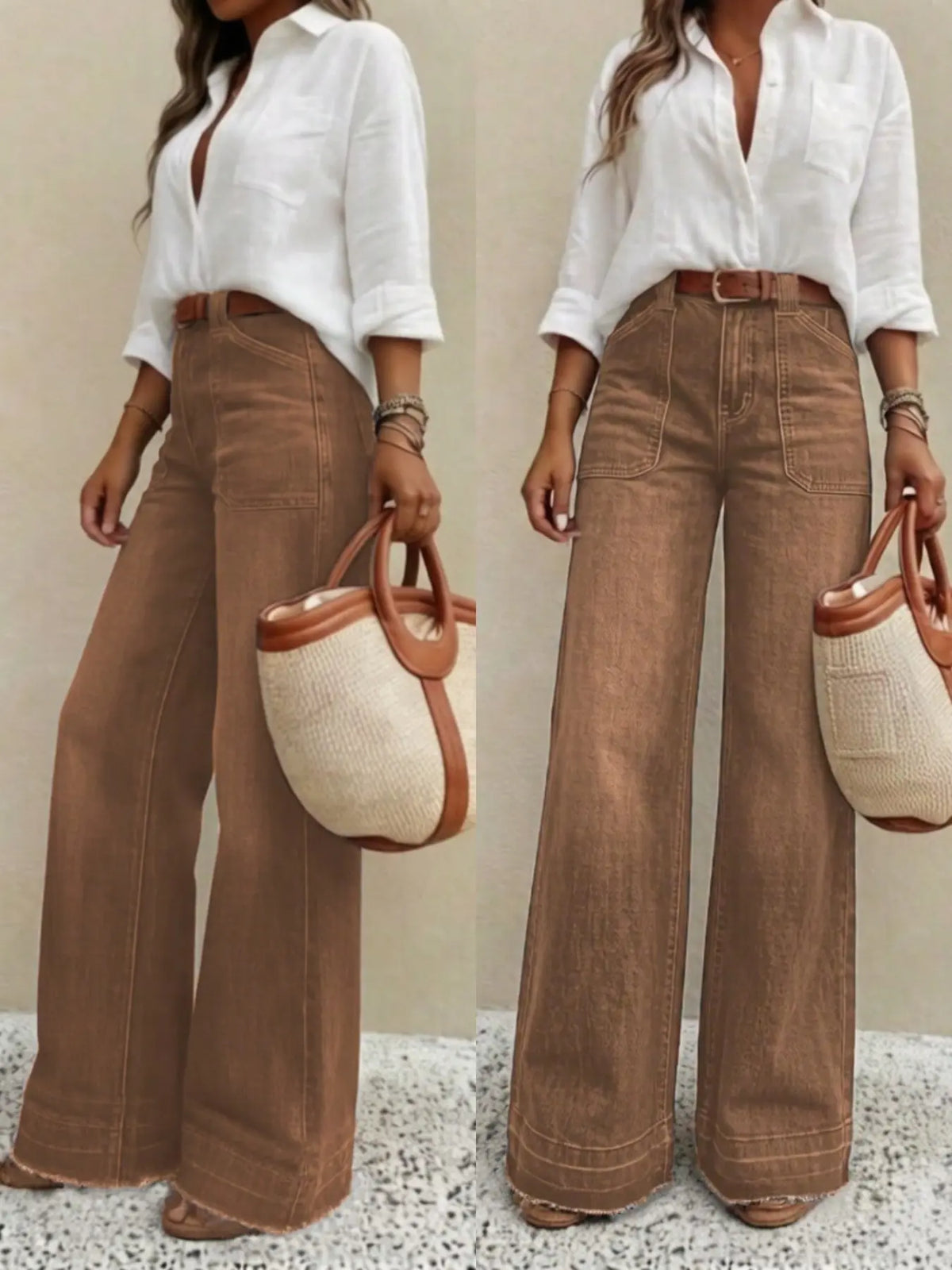 Women's Elastic Jeans, Vintage Washed Wide Leg, High Waist Slimming, Casual Daily Wear, No Belt Included, Loose-Fitting, All Seasons