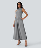 Stand Collar Sleeveless Flare Maxi Casual Dress with Pockets