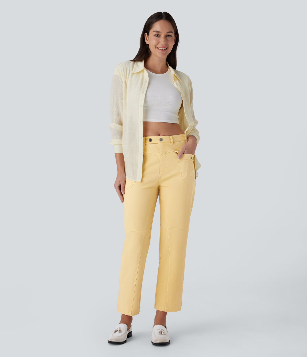 Mid Rise Straight Leg Cargo Casual Cotton Pants with Pockets