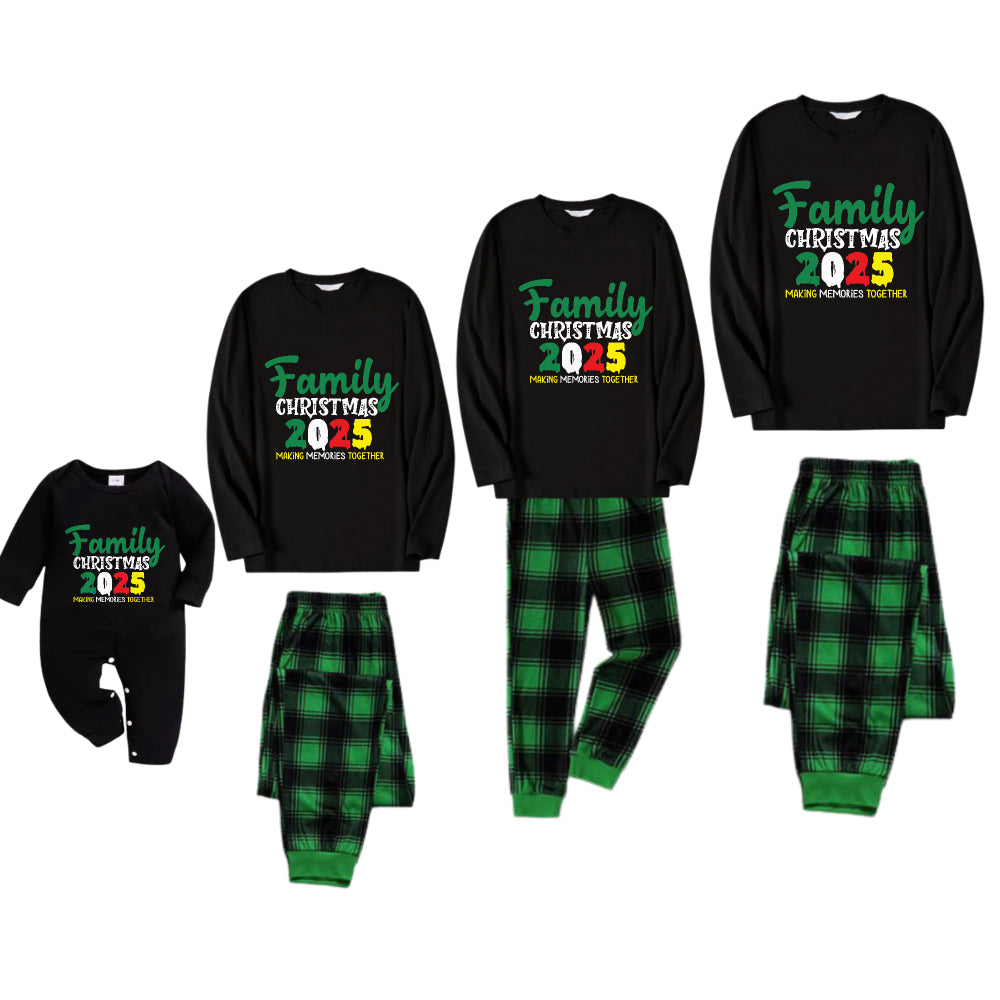 Christmas Family Matching Pajamas-Black Top and Green Plaid Pants Pjs Set with "Family Christmas 2025" Slogan Print