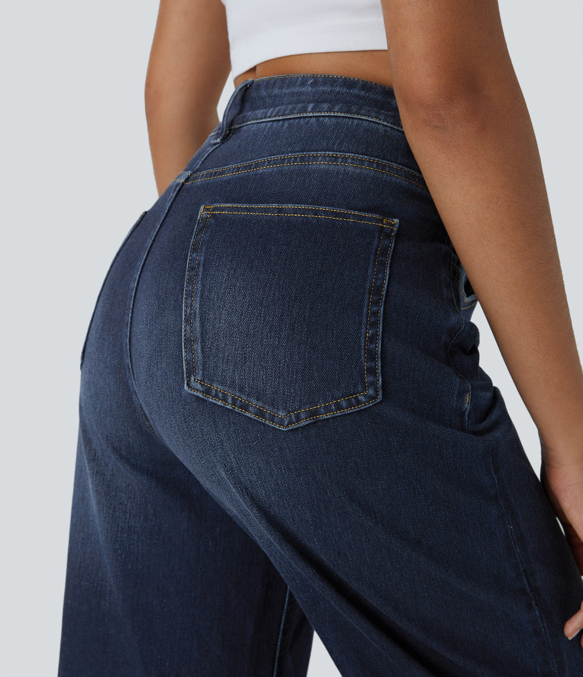 FlexTM High Waisted Multiple Pockets Rolled Hem Wide Leg Washed Stretchy Knit Casual Jeans