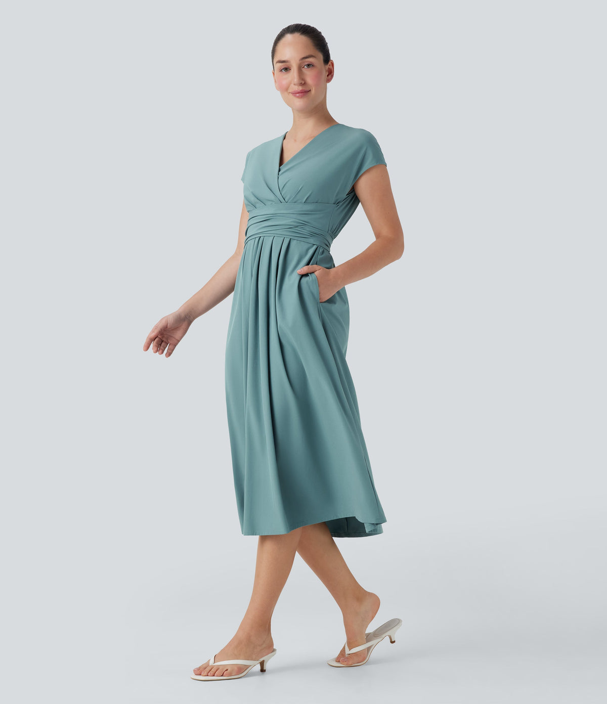 BreezefulTM V Neck Short Sleeve Pocket Tie Back Quick Dry Midi Casual Dress