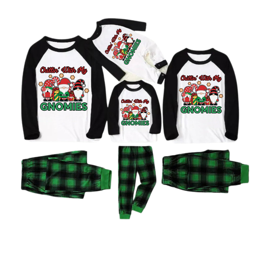Black Raglan Top Green Plaid Christmas Pajamas Set With Cute Gnome and Holiday Text