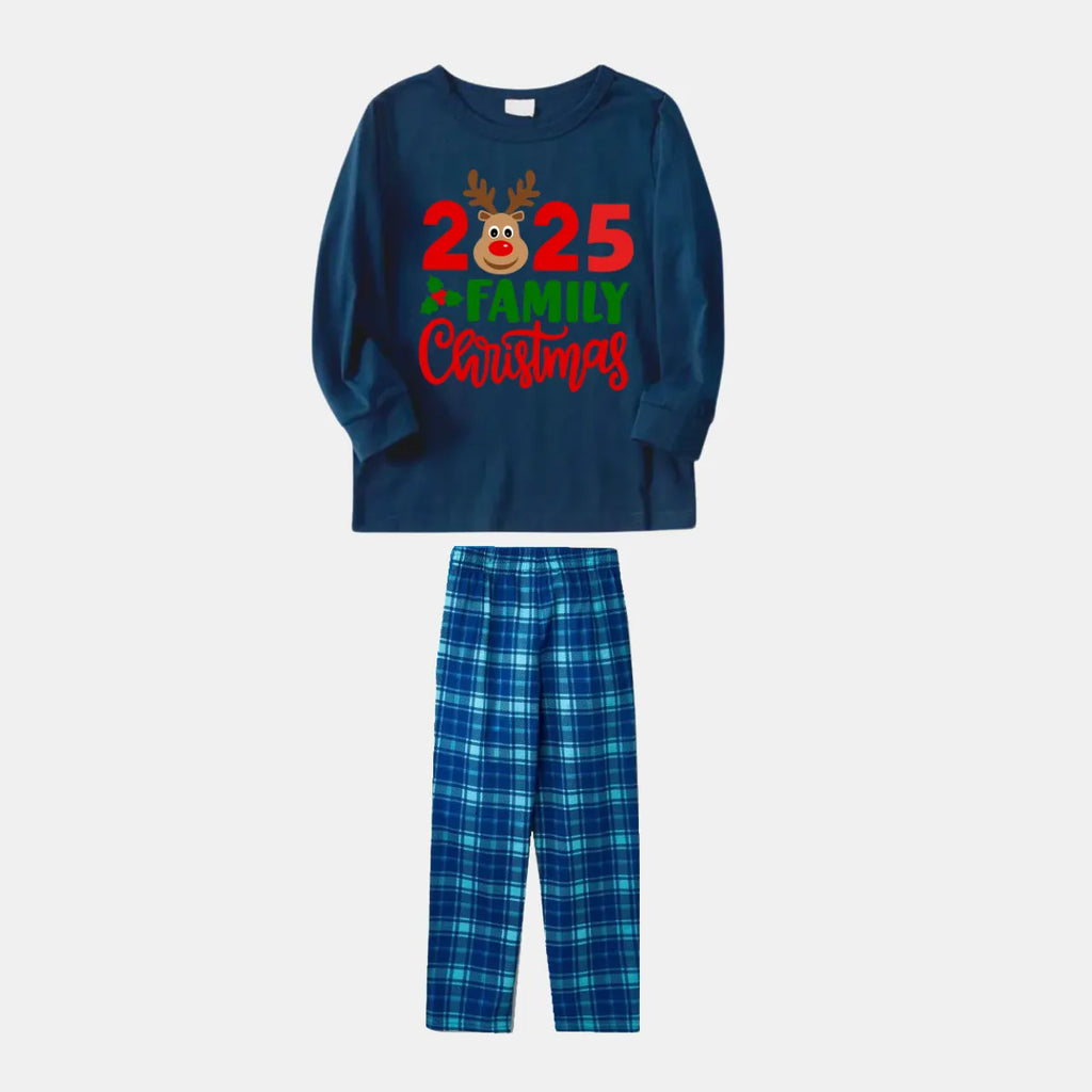 "2025 Family Christmas" Moose Letter Print Blue Plaid Christmas Matching Pajamas