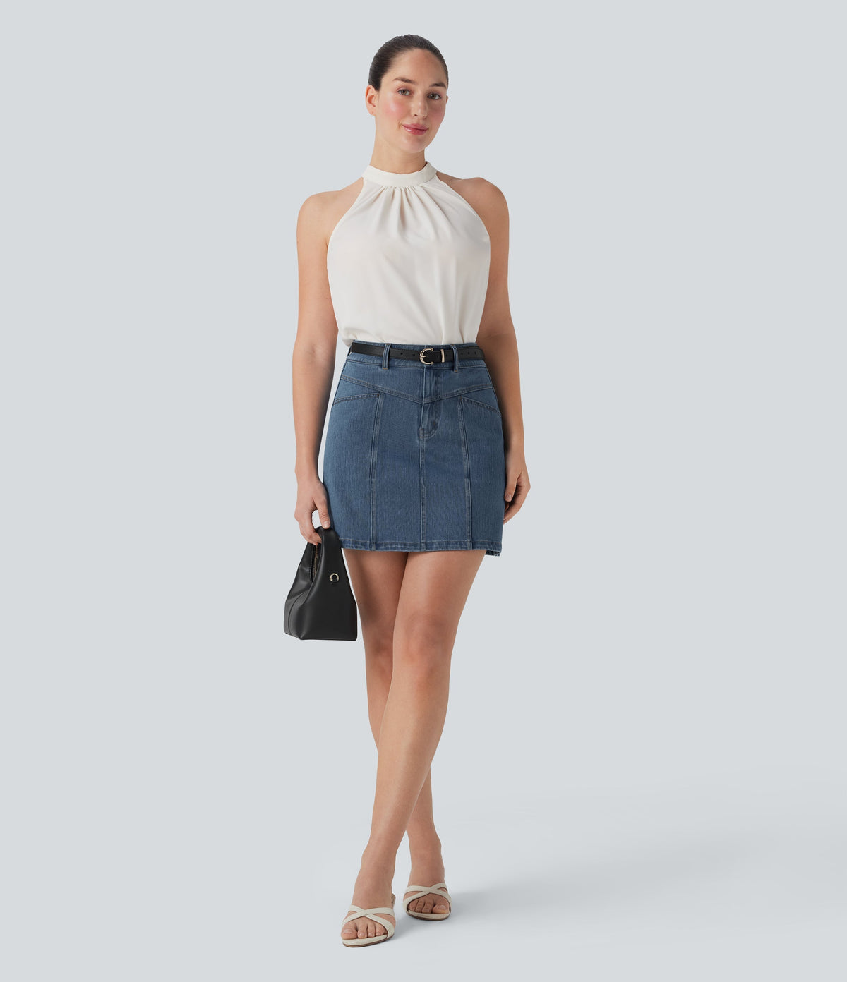 FlexTM Mid Rise A Line Stretchy Knit Denim Mini Casual Skirt with Pockets