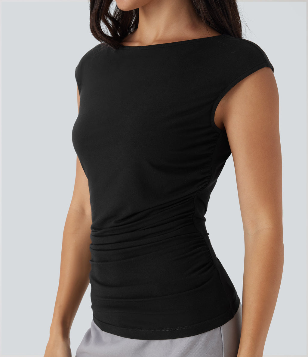Boat Neck Cap Sleeve Ruched Casual Top