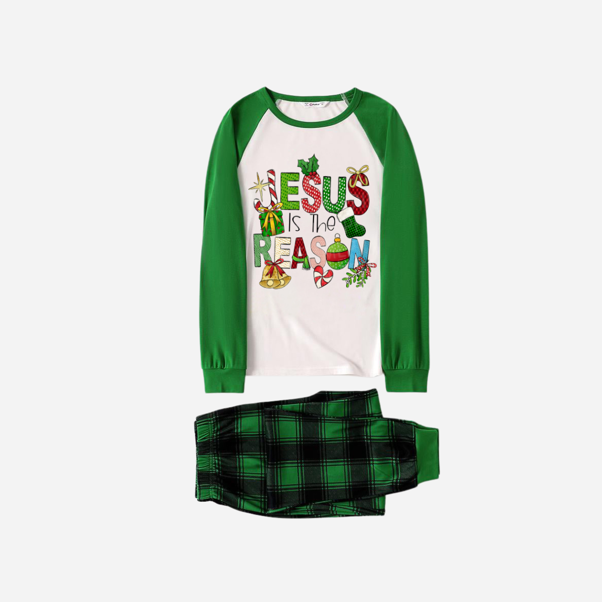 Christmas Cartoon Family Christmas Pajamas Set - White Top with Green Sleeves and Green Plaid Pants and “Jesus is the Reason” Design