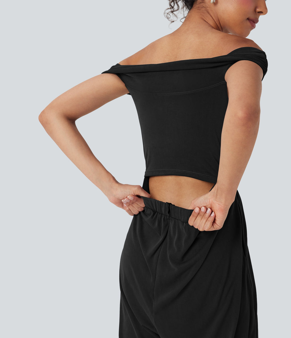 Off Shoulder Back Zipper Casual Jumpsuit with Pockets-Easy Peezy