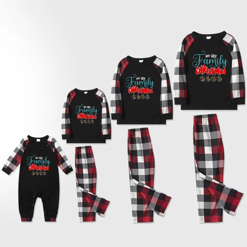 Christmas Family Matching Pajamas-Red and Gray Plaid Pjs set with "We Are Family Christmas" Print