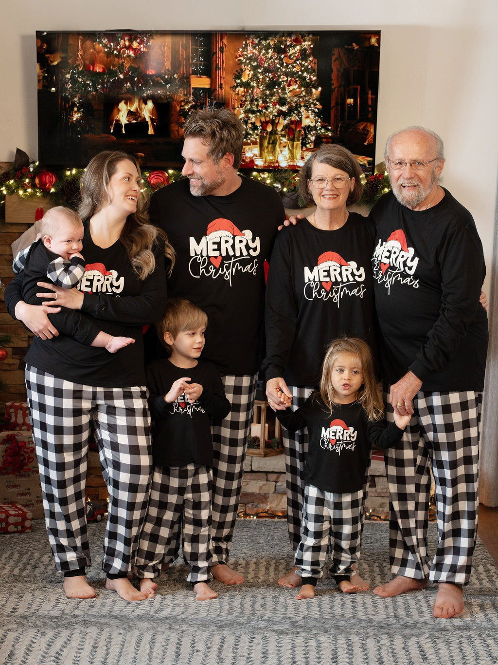 Christmas Family Matching Glow In The Dark Letters Print Long-sleeve Pajamas Sets with Christmas Socks Black+White