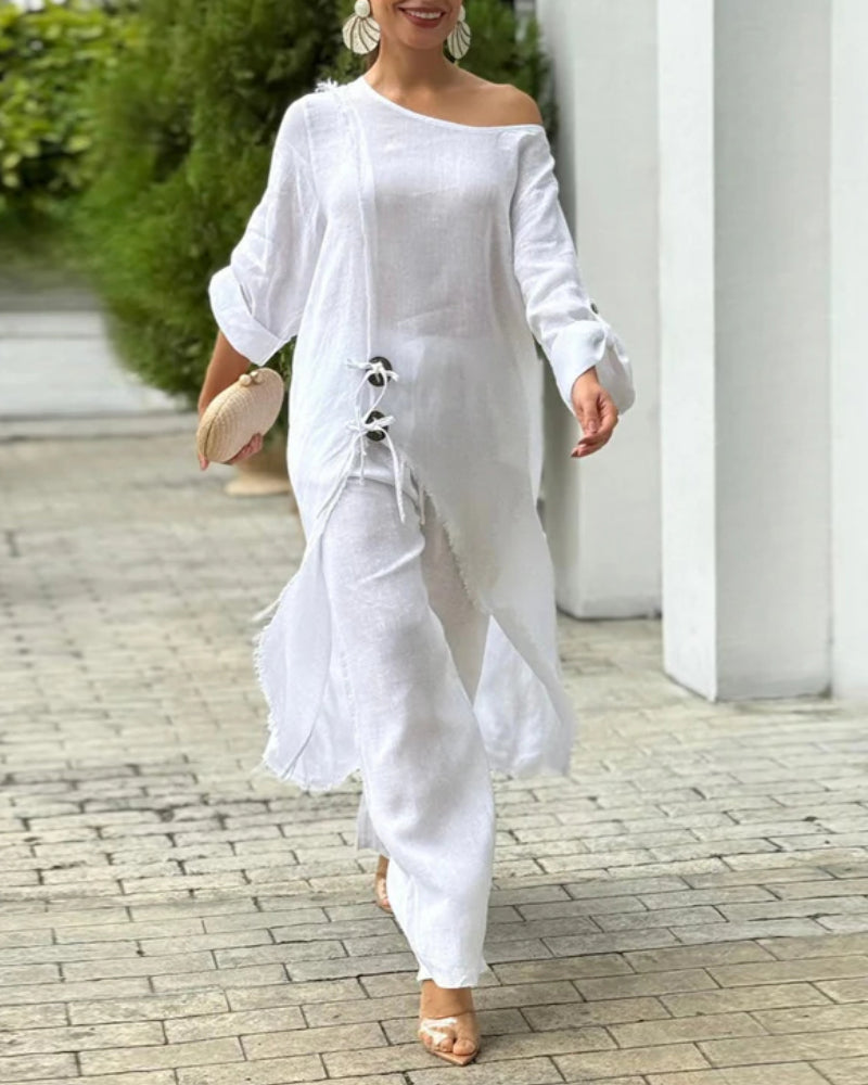 2 Pieces Outfit Button Decor One Shoulder Turn-Up Sleeves Slit Raw Edges Top and Casual Drawstring Elastic Waist Wide Leg Pants Set
