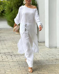 2 Pieces Outfit Button Decor One Shoulder Turn-Up Sleeves Slit Raw Edges Top and Casual Drawstring Elastic Waist Wide Leg Pants Set