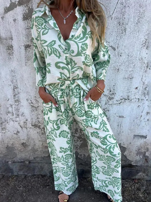 Women's Fashion Two Piece Printed Lapel Button-Down Shirt and Wide-Leg Pants Set