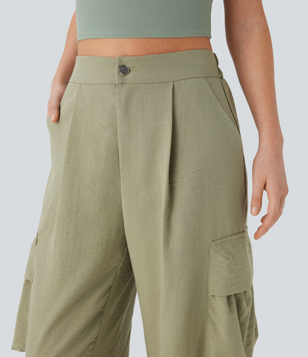 High Waisted Adjustable Drawstring Hem Linen-Feel Casual Cargo Pants with Pockets