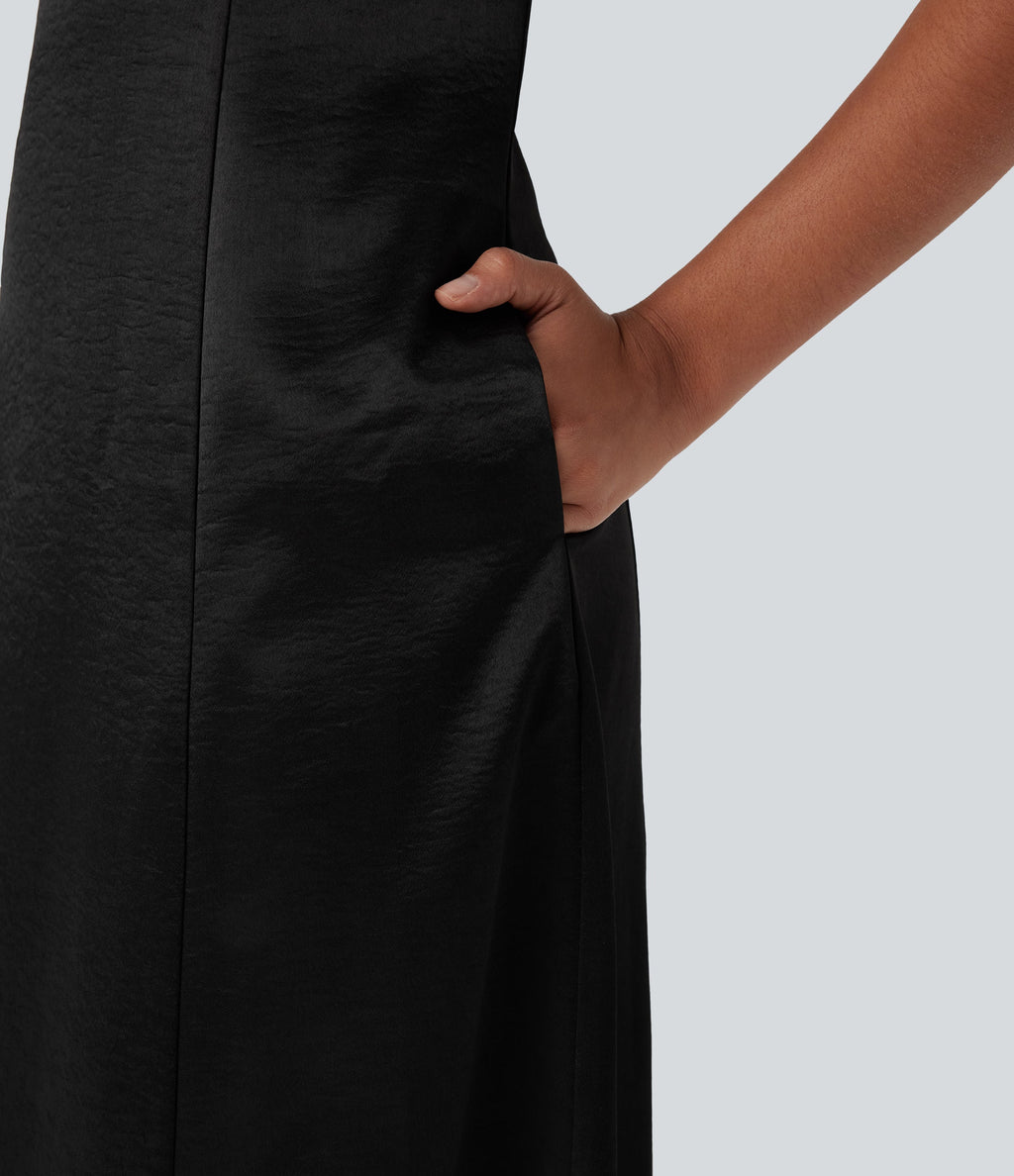 Round Neck Ruched Midi Satin Work Dress with Pockets