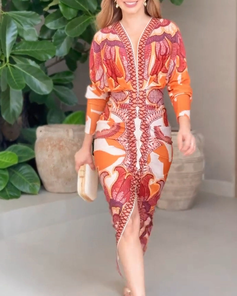 Vintage Baroque Deep V Neck Long Sleeve Slit Bodycon Dress Casual Ruched Slim Fit Vacation Dress