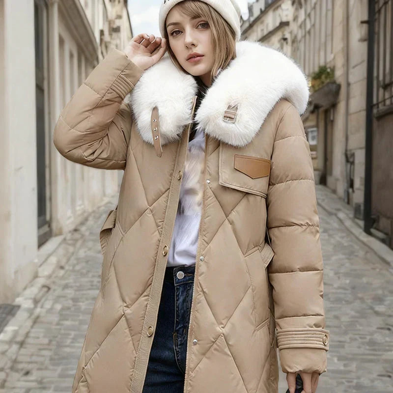 Women's Long Quilted Coat with Fur Collar