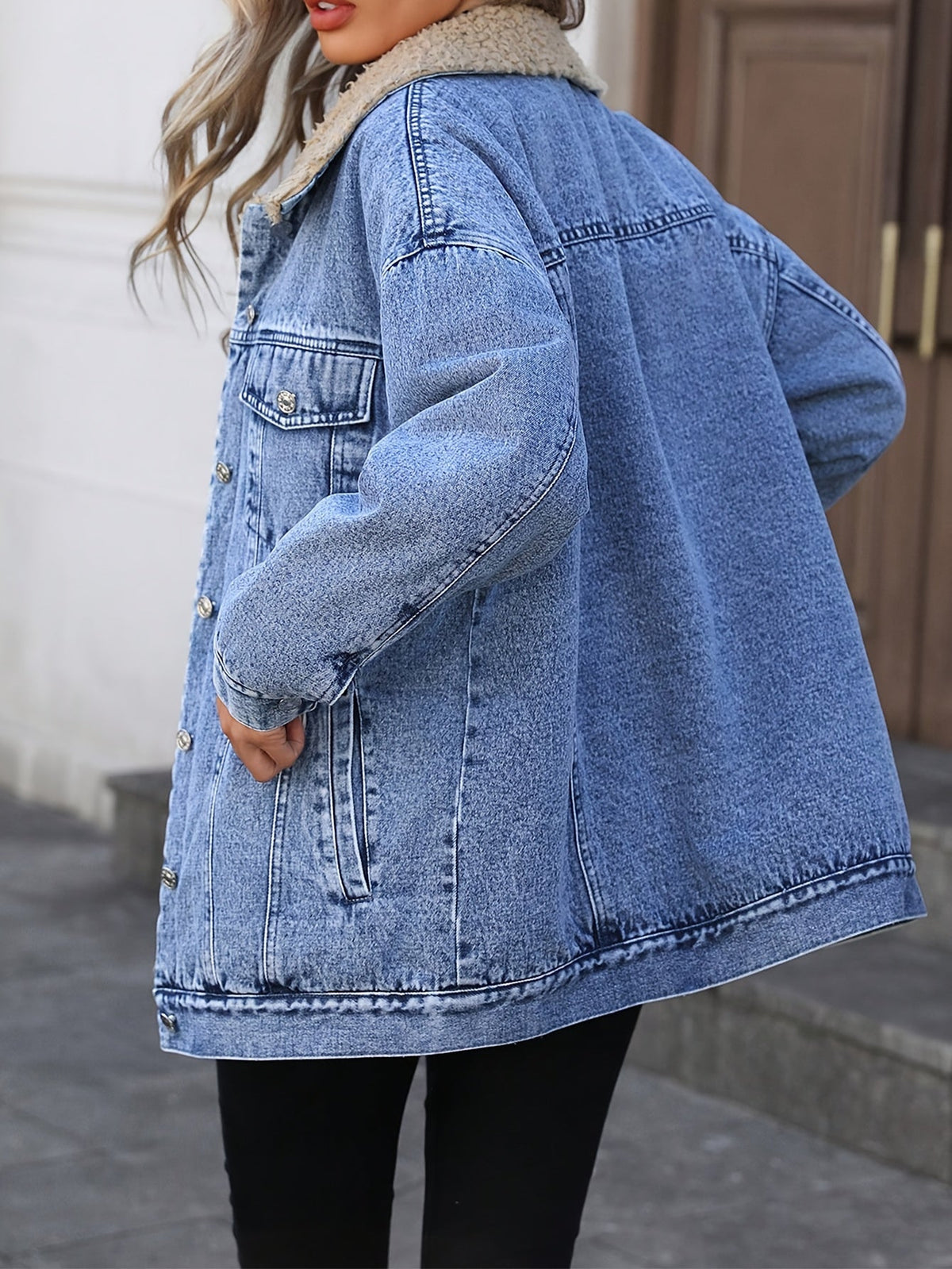 Women's Fall Winter Casual Fashion Jacket, Elegant Solid Color Stand Collar Thickened Warm Denim Coat, Versatile Outerwear for Women