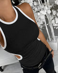 Women's Ribbed Contrast Trim Tank Top Sleeveless Crew Neck Cutout Slim Fit Stretch Casual Top