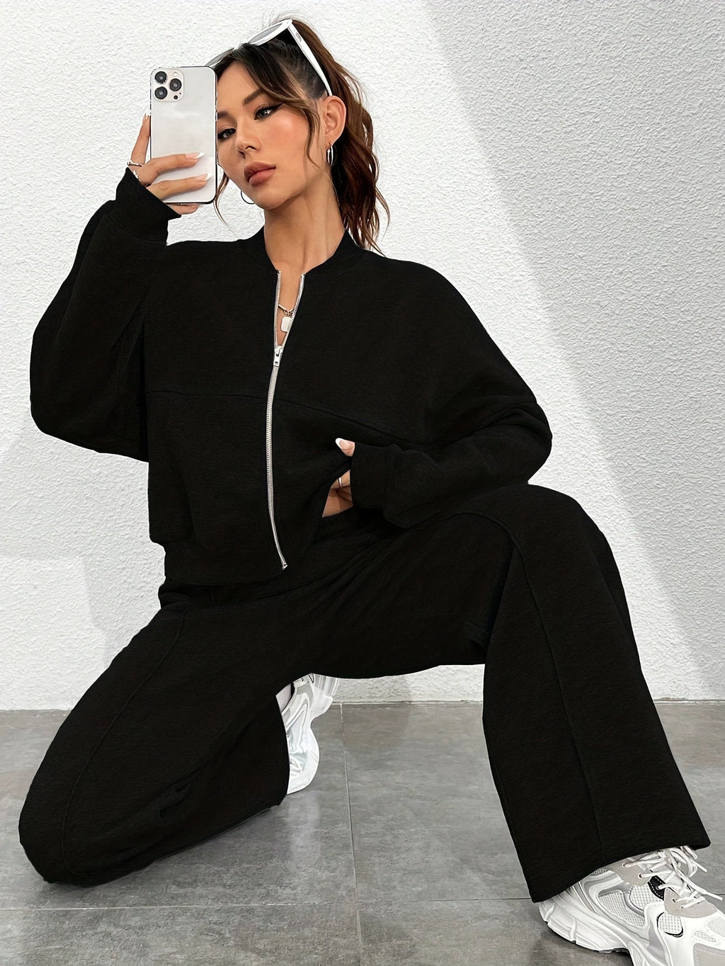 Zip-up Collarless‌ Cardigan Pants Set