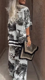 Women's V-neck Top + Printed Trousers Casual Suit