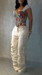Ladies Square Collar Printed Back Strap Top+ Multi Pocket Patchwork Pants Casual Set