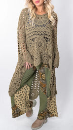 Women Round Neck Printed Hollow Out Casual Long Top
