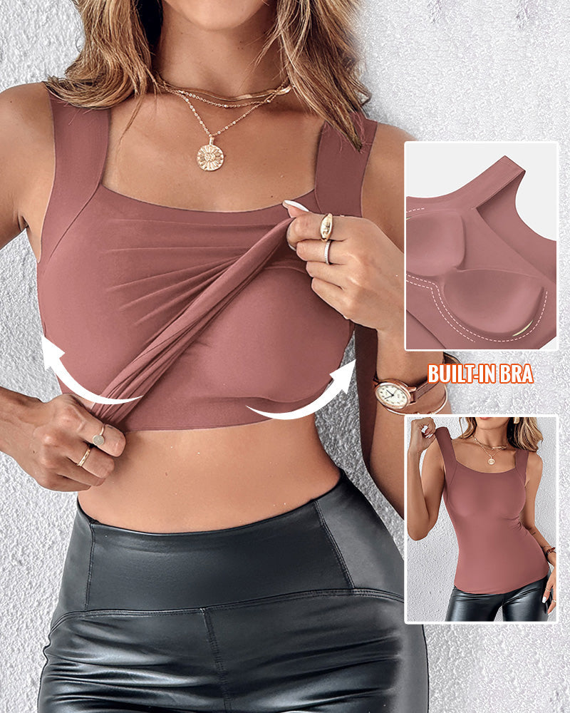 U-Neck Sleeveless Tank Seamless Skinny Layering Top with Built-In Bra