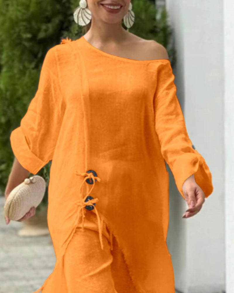 2 Pieces Outfit Button Decor One Shoulder Turn-Up Sleeves Slit Raw Edges Top and Casual Drawstring Elastic Waist Wide Leg Pants Set