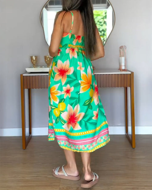 2 Pieces Outfit Adjustable Spaghetti Straps Twist Front Shirred Back High Slit Hem Longline Top and Elastic Waist Tie Front Shorts Set Casual Floral Print Vacation Set