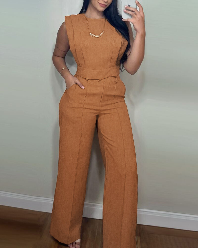 2 Pieces Outfit 3D Cutting Decor Design Cap Sleeve Hollow-out Back Crop Top and Casual Zipper Fly Seam Front Straight Pants Set