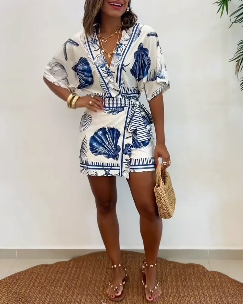 Starfish & Seashell Print Overlap V Neck Half Sleeve Wrap Knot Side Romper Casual Stretchy Back Waist Vacation Romper