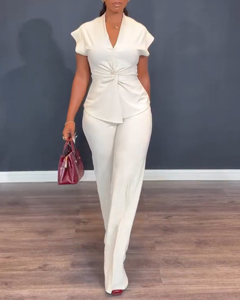 2 Pieces Outfit V-Neck Short Sleeve Twist Front Zipper Back Top and Straight Leg Pants Set Casual Commuting Set